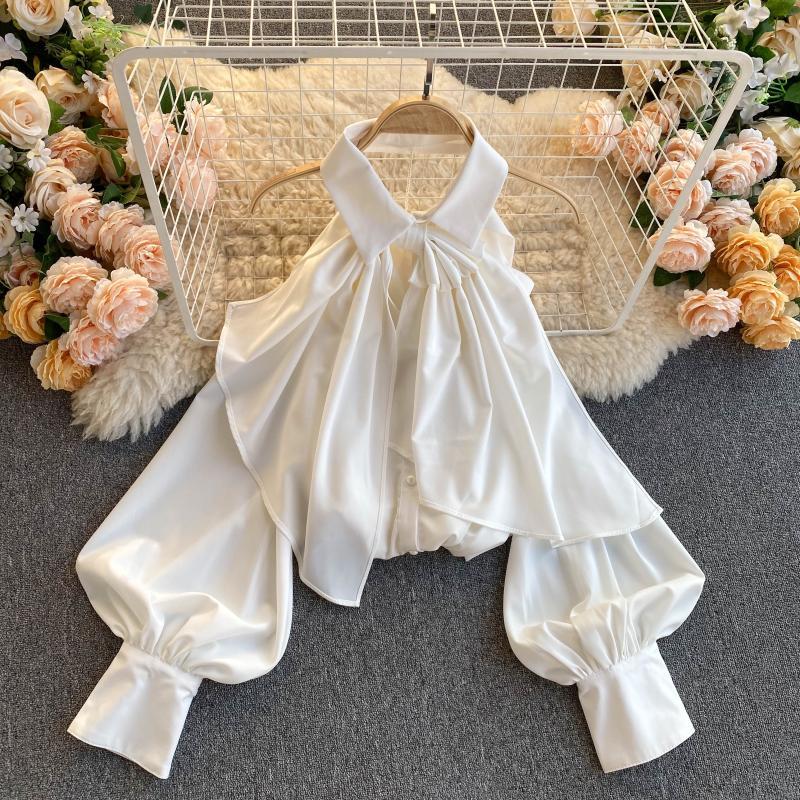 2021 Spring Autumn New Blouse Women Halter Scheming Halter Shirt Bowknot Lapel Puff Sleeve Female Top C031 210317