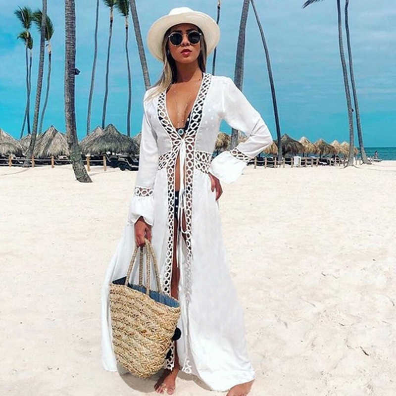Geometric Round Hollow Out Micro Flared Sleeves Beach Tunic Long Robe Summer Elegant Ladies White Dress Bikini Cover-Ups 210604