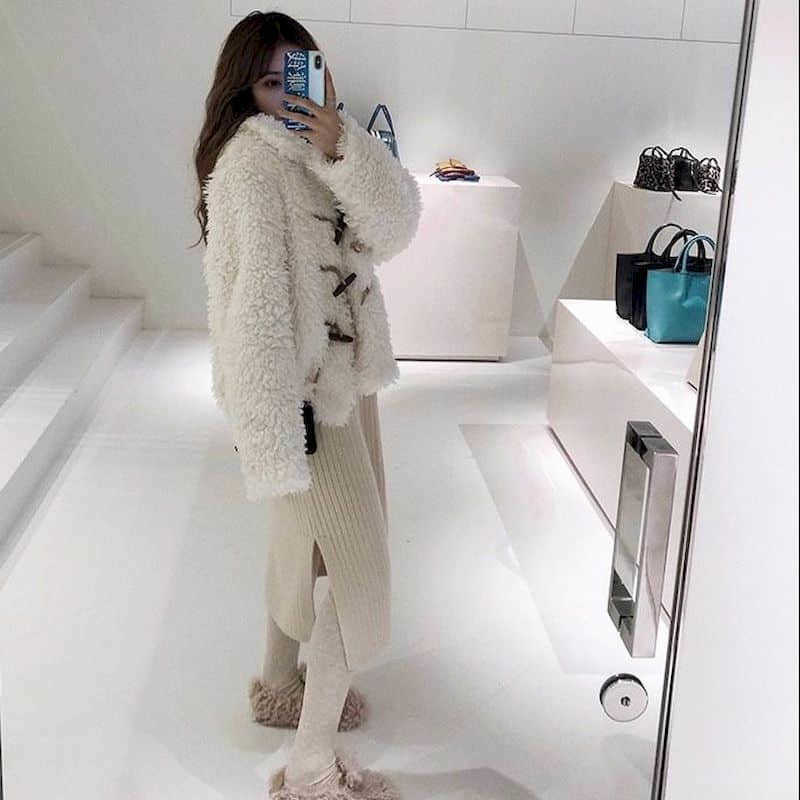 Faux fur coat thick plush jacket women tops lapel horn buckle Korean version autumn winter female lamb plus size ladies 210526