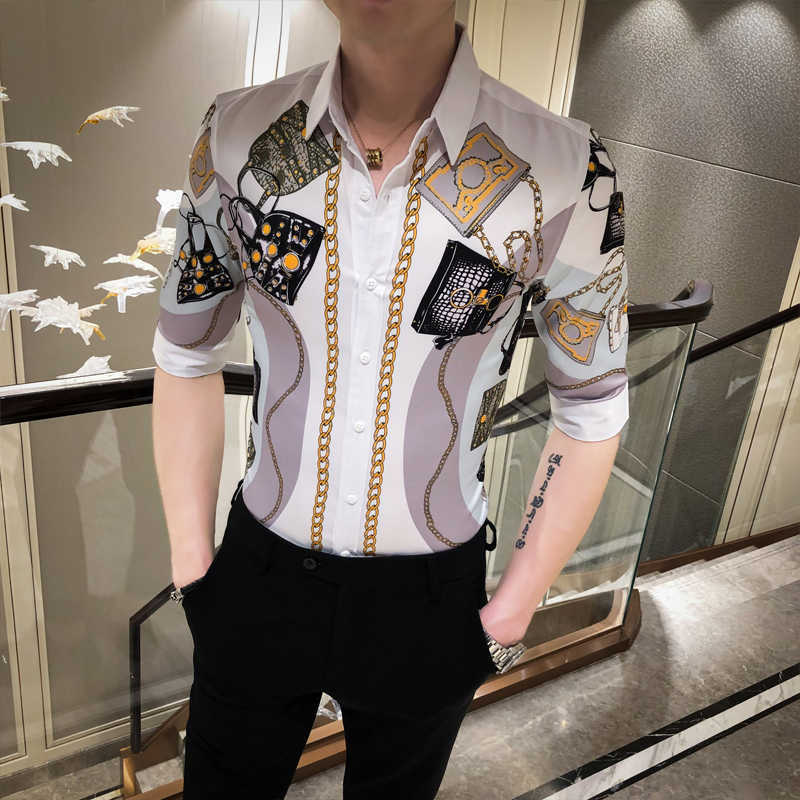Chain Printing Shirt Men Half Sleeve Casual Slim Fit Dress Shirts Streetwear Night Club Blusa Camisas Para Hombre 210527
