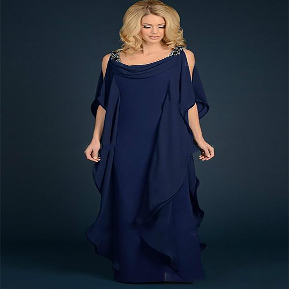 Stylish Navy Blue Formal Mother Of The Bride Dress Scoop Beaded Chiffon Women Evening Dresses Wedding Guest Wear Plus Size Prom Gown robes de soirée 2