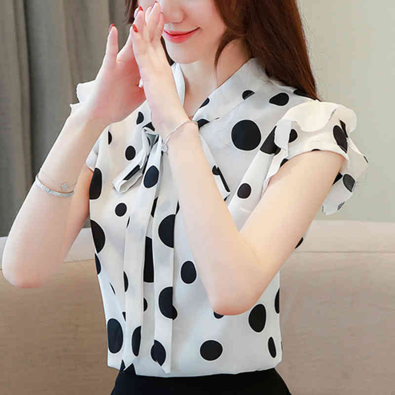 Fashion Summer Casual Women Tops V-neck Short Sleeve Bow Polka Dot Clothing Elegant Chiffon Blouses 5556 50 210508