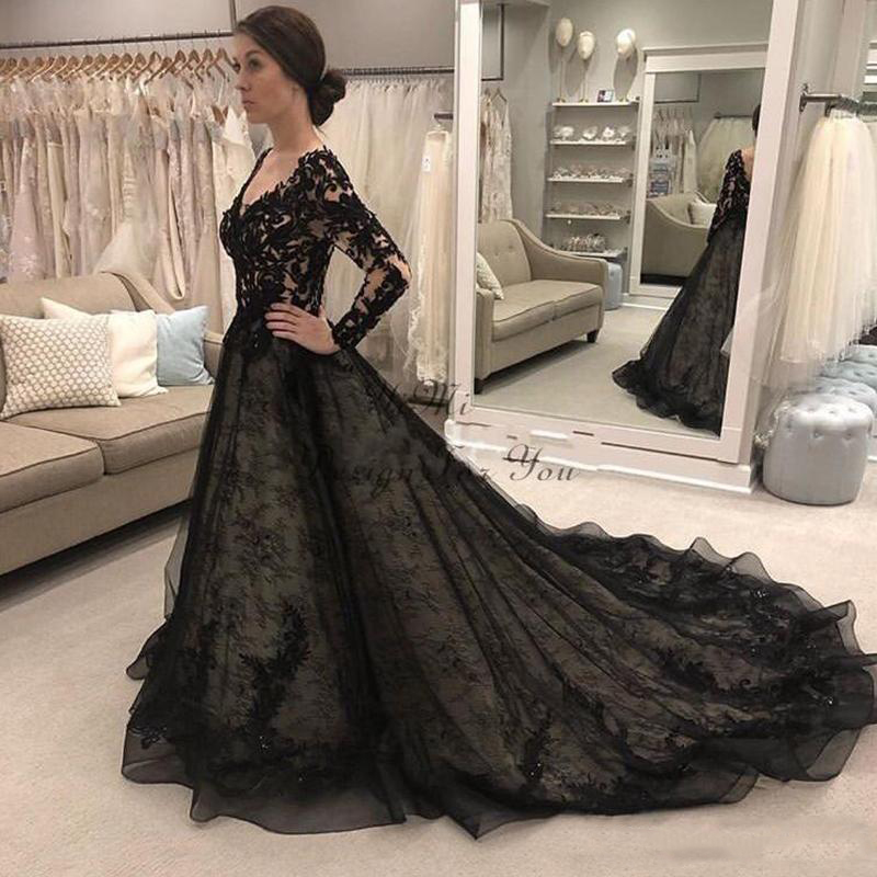 Elegant Black Gothic Wedding Gown 2022, Long Sleeve V Neck Lace Illusion Bodice Sweep Train Garden Country Bridal Dress