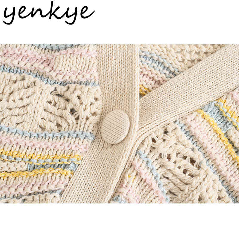 YENKYE Women Pointelle Knit Cardigan Sexy V Neck Long Sleeve Outerwear Fashion Hollow Out Sweater Plus Size Tops 210515