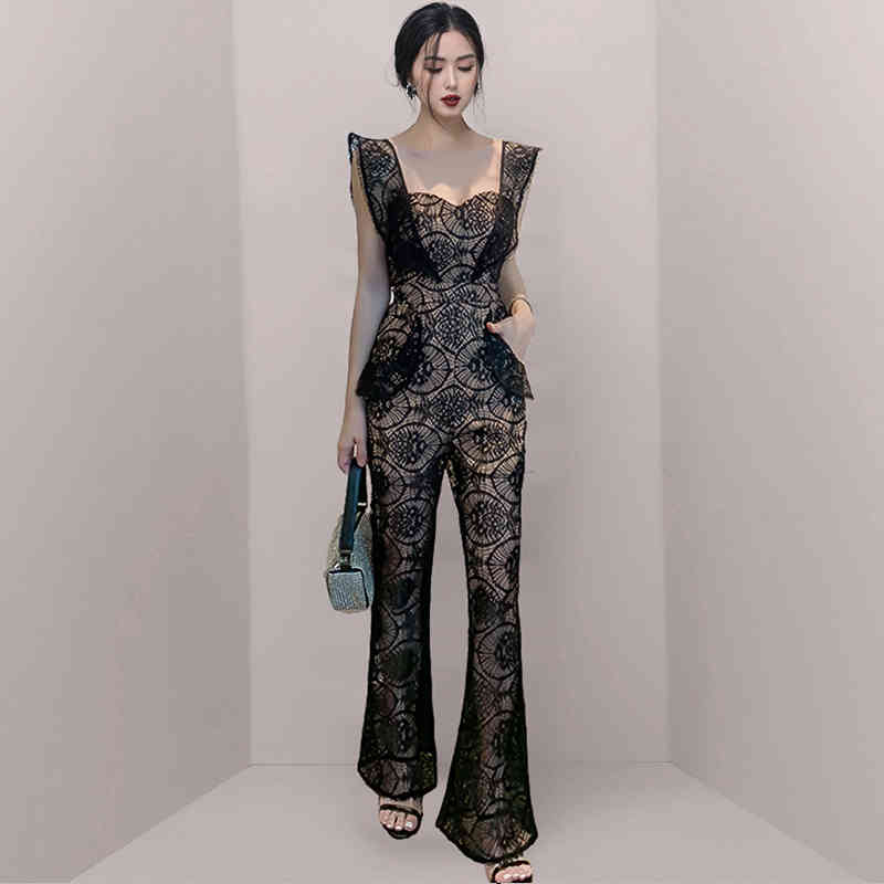Bodysuit Women Solid Sexy Celebrity Summer Lace Temperament Sling Two Wear Tube Top High Waist Jumpsuit 210506