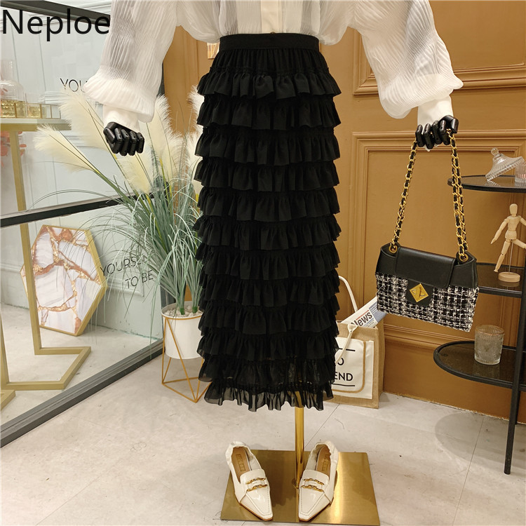 Neploe Ruffle Patchwork Chiffon Skirt Women Spring Summer Korean High Waist Cute Skirts Female White Fashion Pleated Faldas 210422