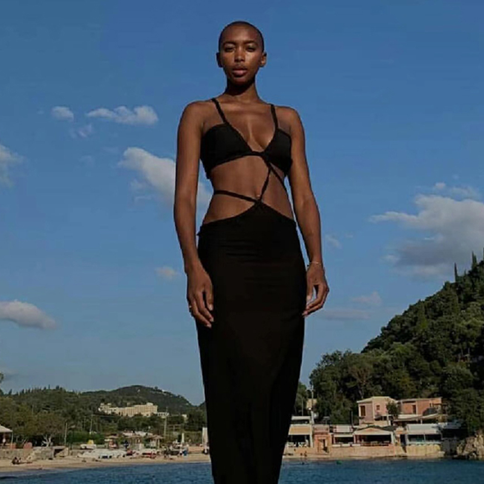 Summer Spaghetti Strap Bandage Dress For Women Sexy Sleeveless Hollow Out Club Evening Runway Party Maxi Dresses 210423