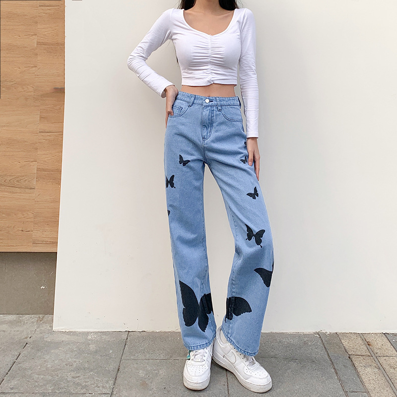 Woman Jeans High Waist butterfly printed Wide Leg Denim Clothing Blue Streetwear Vintage Quality Fashion Harajuku Straight Pants 210524