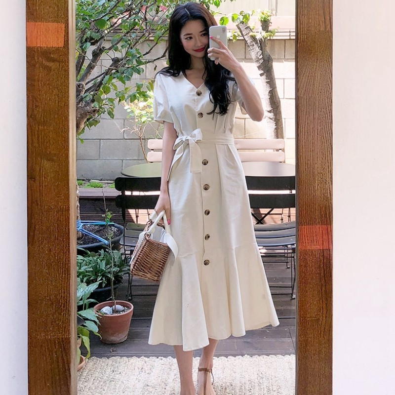 Elegant Dress Long Woman Cute Short Sleeve Korean Japan Style Clothes Date Wear Temperament Lady Ruffles Button Shirt 210519