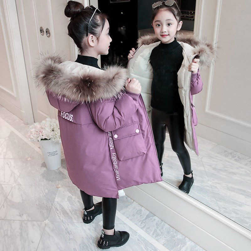 Winter Warm Jackets for Girls Fashion Fur Hooded Children Girls Waterproof Outwear Kids Cotton Lined Parkas 211025
