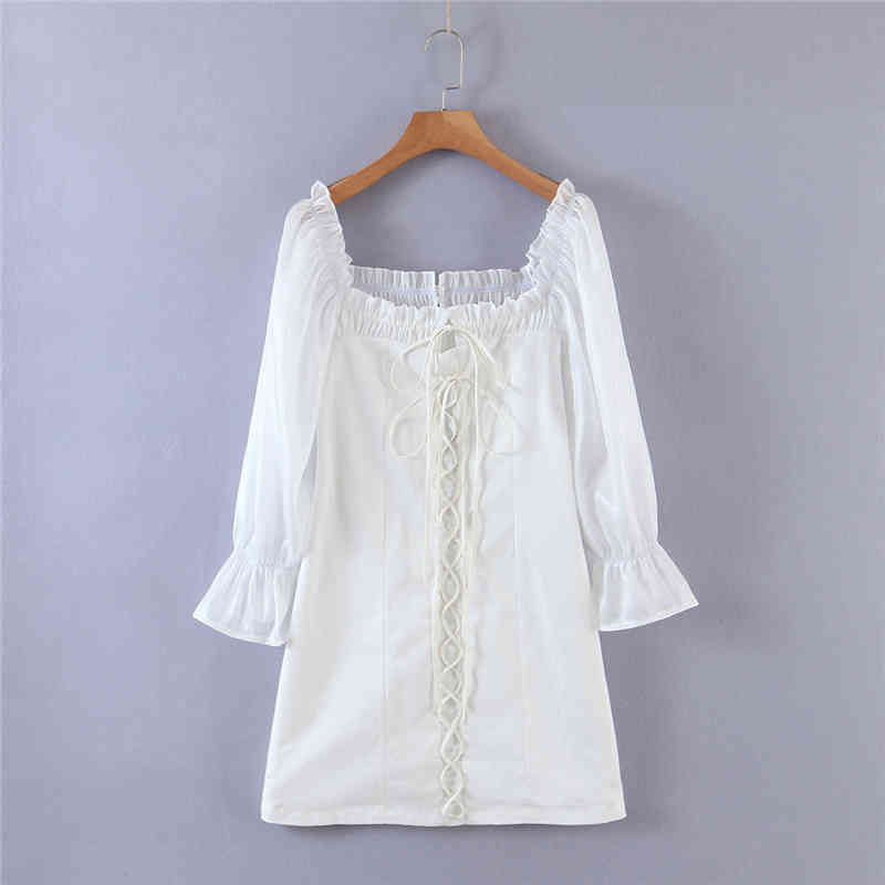 Summer Vintage Style White Cotton Long Sleeve Mini Dress Women Casual Fashion Back zipper Slim Dresses Female Vestidos 210514