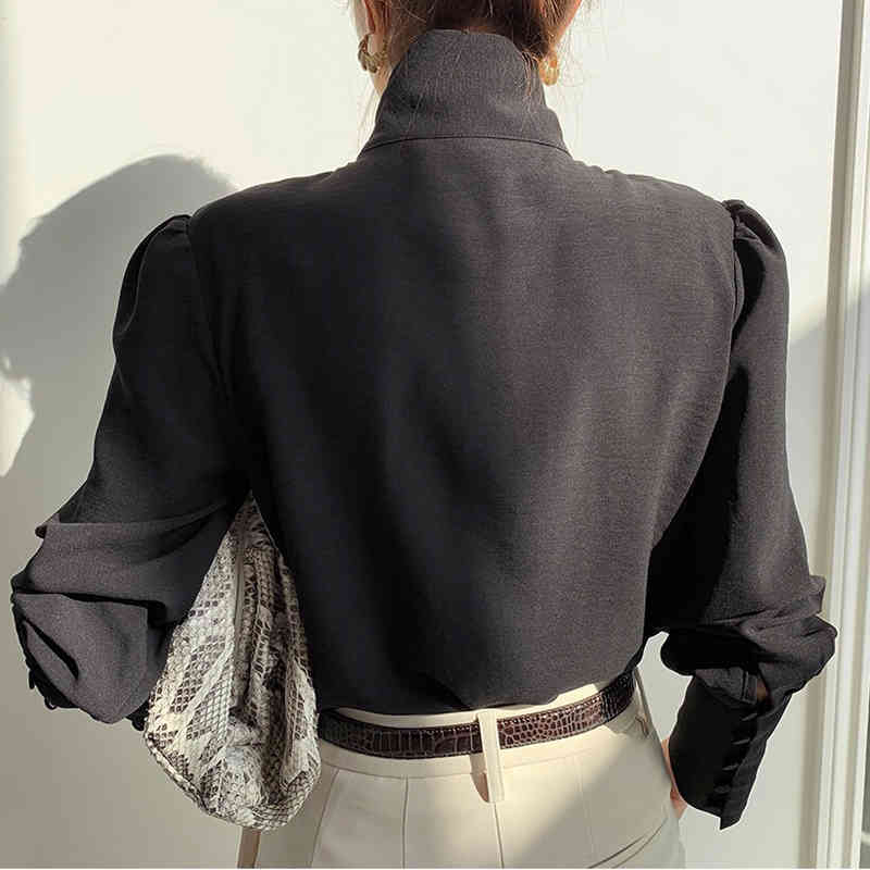 Turtleneck Lantern Sleeve Shirts for Women Elegant Black Blouse Office Lady Fashion Button Solid Female Clothing 12882 210506