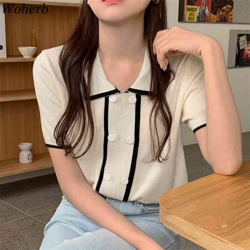 Korean KnitTop Women Summer Shirts Vintage Double Breasted Turn Down Collar Tees Short Sleeve Loose Tshirts Mujer 210519