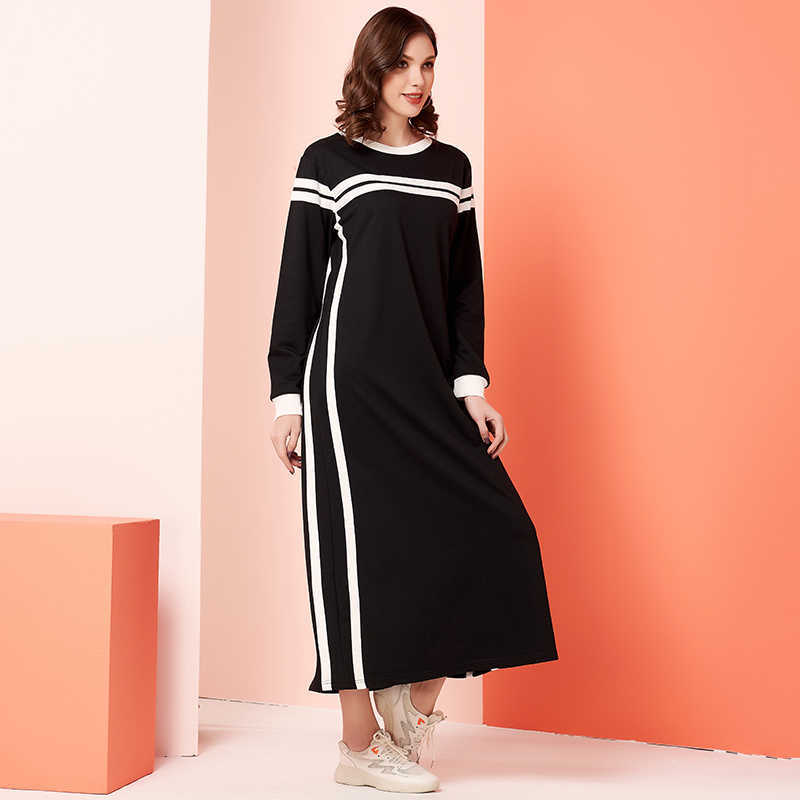 Womens Casual Dress Black White Patchwork Plus Striped O Neck Long Sleeve Maxi Dresses 210706