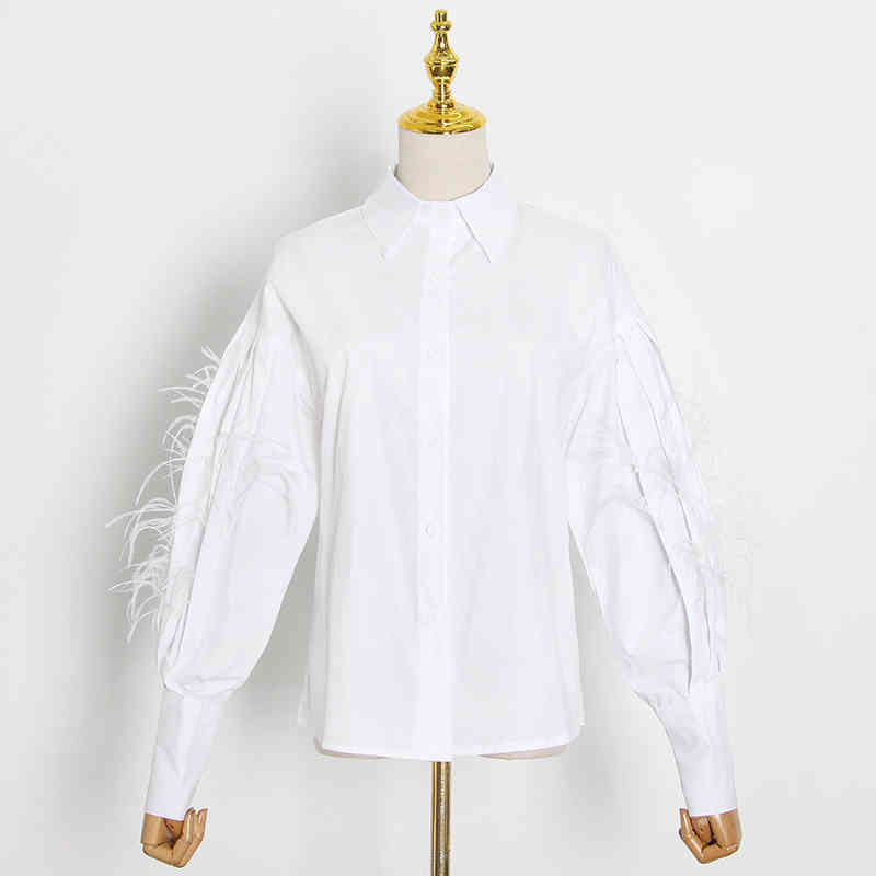 Casual Patchwork Feather Blouse For Women Lapel Lantern Sleeve White Solid Shirt Female Fashion Clothing 210524