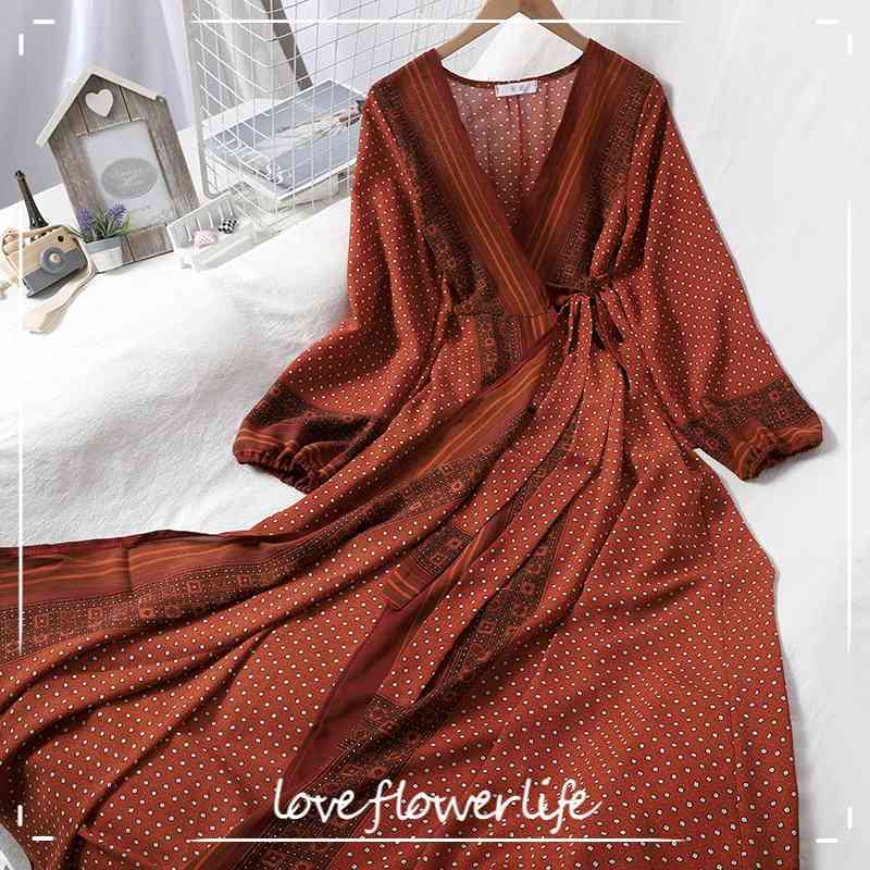 Autumn Vintage Plaid Floral Print Slim Dress A Line V Neck Full High Waist Mid-Calf Women Party Dress 210521