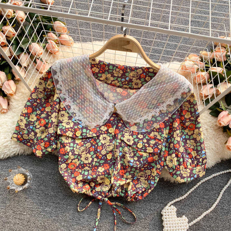 Women Fashion Sweet Embroidery Lace Lapel Short Sleeve Floral Print Shirt Summer Blouse Camisas De Mujer S404 210527