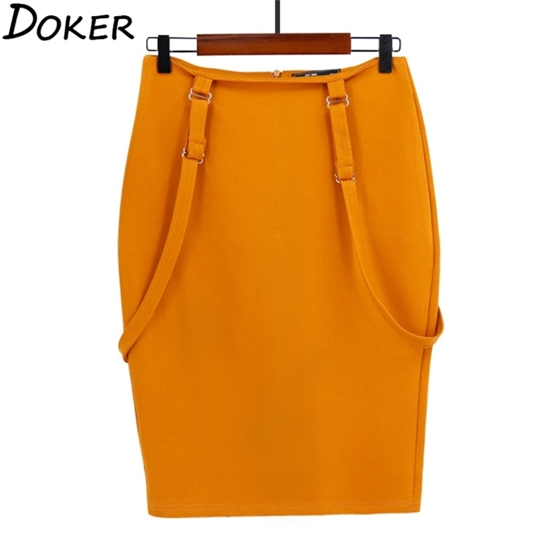 Women's Midi Pencil Skirt Summer Office Lady Bodycon Shoulder Straps High Waist Fashion Plus Size Suspender 210619