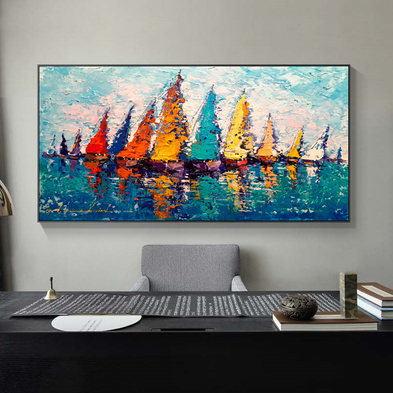 Modern Sailboat Colorful Oil Painting Printed on Canvas Big Size Nordic Wall Picture for Living Room Landscape Canvas Painting