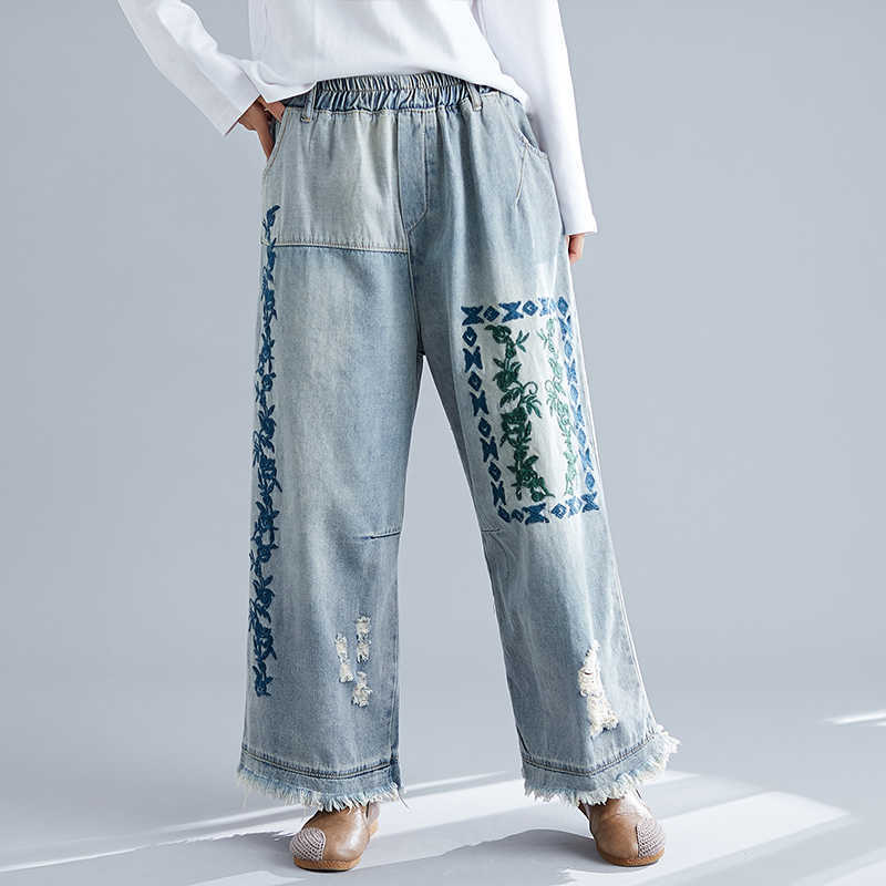 7042 Women Spring Summer Fashion Korea Style Elastic Waist Printed Frayed Patchwork Ankle Length Denim Lady Casual Loose Jeans 210922