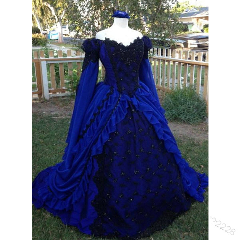 Vintage Medieval Renaissance Ball Gown Wedding Dresses Long Sleeves Black Royal Blue Gothic Hollywood Masquerade Dress For Women Ruffles Off Shoulder 