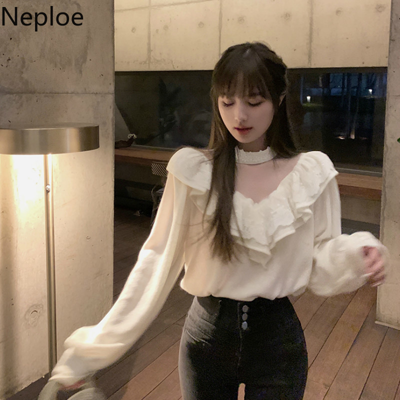 Neploe Sweet Ruffles Sweaters Women Sexy V-neck Lantern Sleeve Knitted Pullovers Korean Fashion Jumper Tops Sueter Mujer 4G521 210422