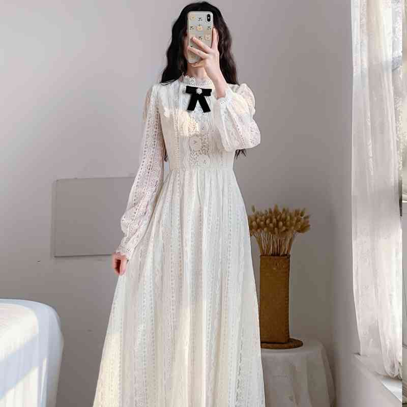 Fashion Runway Spring Lace Hollow Out Long Dress Women Bow Stand Collar High Waist Elegant Party Vestido 210520