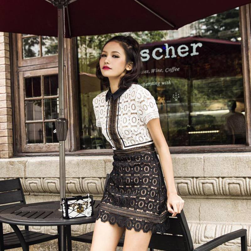 Fashion Self Portrait Party Women Dress Summer Runway Black White Patchwork Short Sleeve Hollow Out Mini 210506