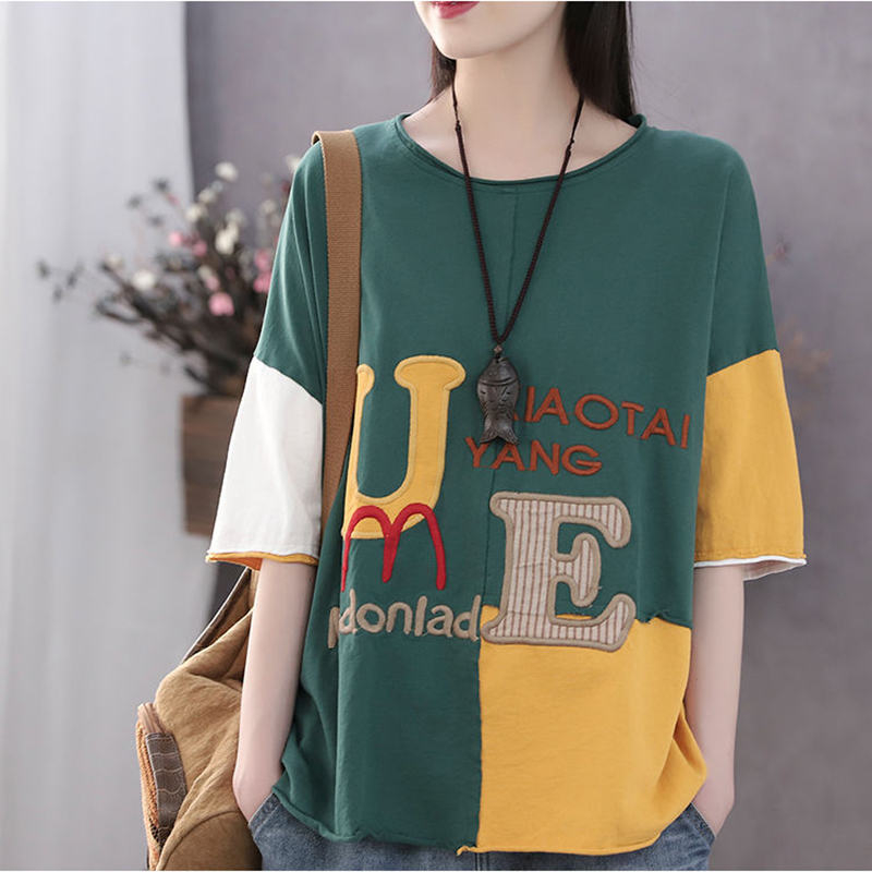 Summer Arts Style Women Short Sleeve Loose Cotton Tshirt Letter Embroidery Patchwork Tee Shirt Femme Casual Tops S752 210512