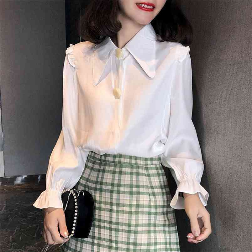Arrival Autumn Korea Fashion Women Long Sleeve Loose Shirts Big Turn-down Collar Button Ol Lady Blouse Top Quality S229 210512