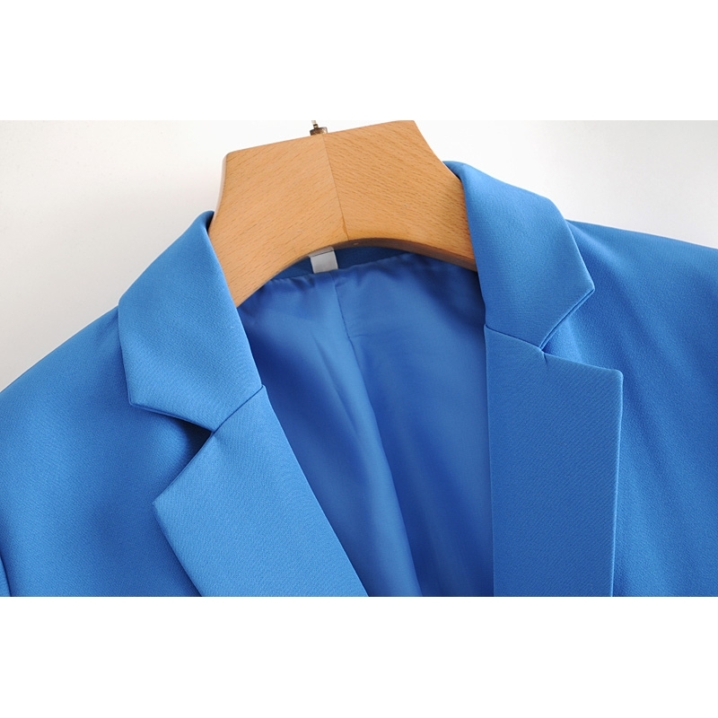 Blue women elegant notched collar blazer fashion ladies long sleeve button jackets suits casual female suit girls chic 210430