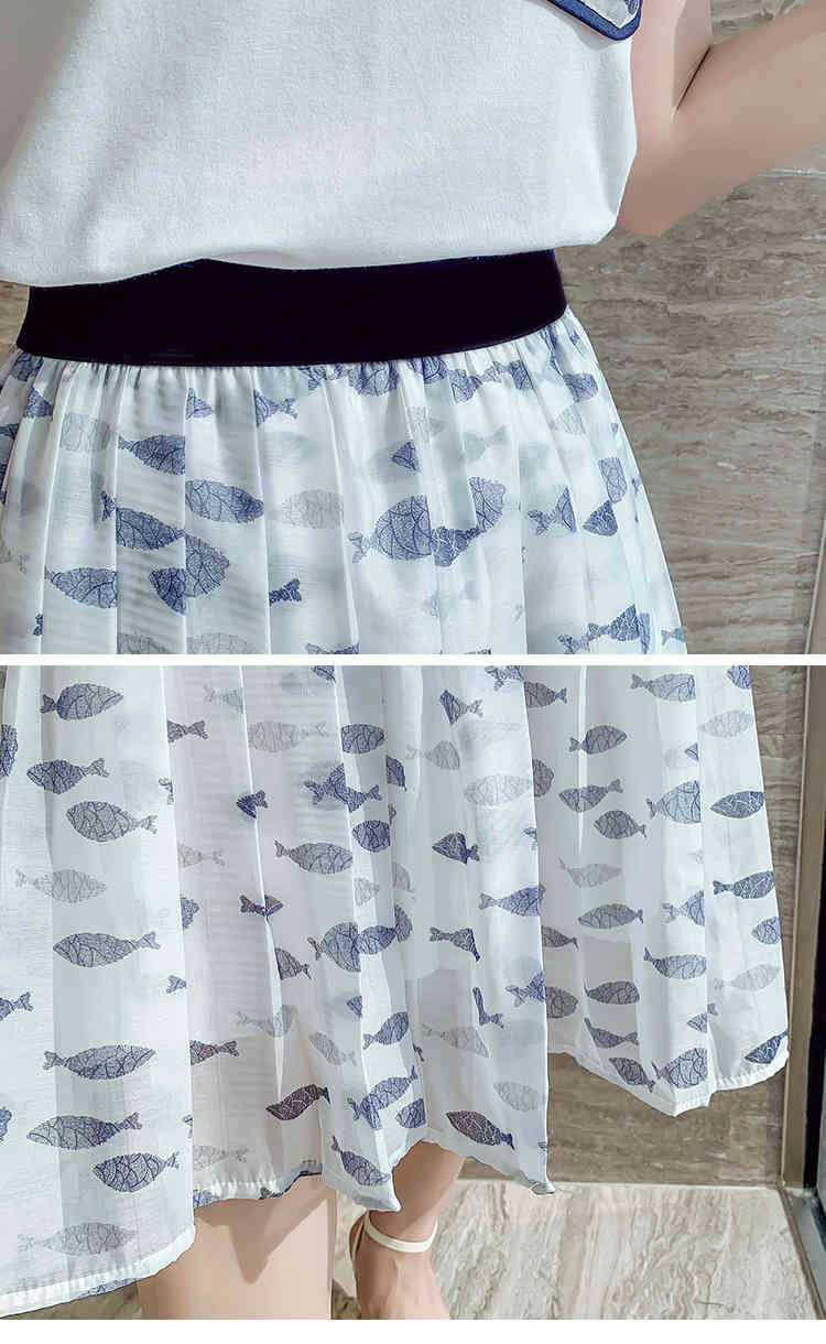 Summer Women Two Piece Sets Elegant White Short Sleeve T-Shirt Top + High Waist Pleated Chiffon Long Skirt Suit 210518