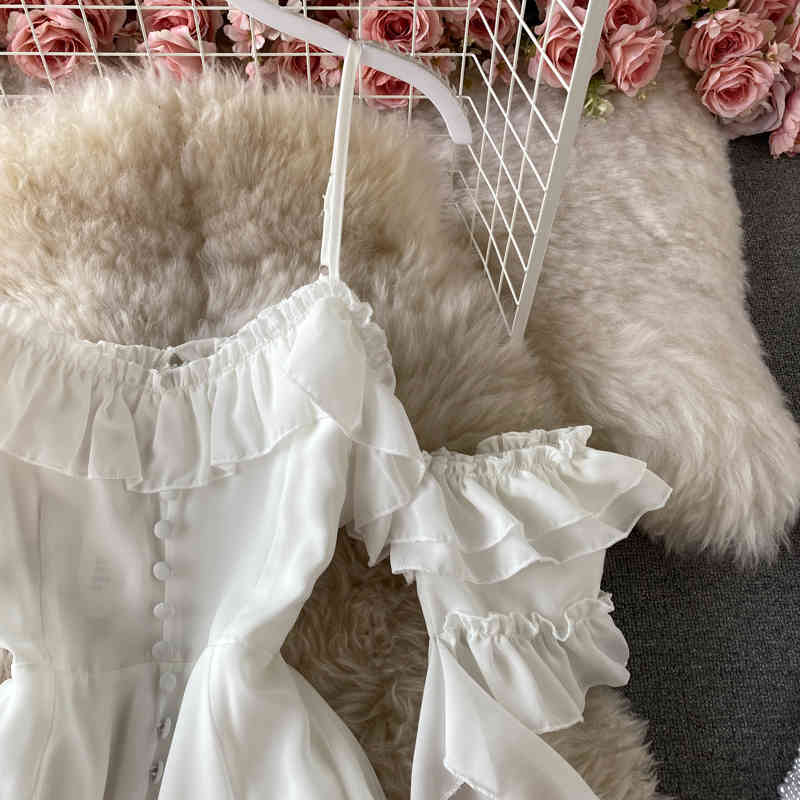 Summer Sexy Spaghetti Strap Dress Women White Bandage Sleeve High Waist Off Shoulder Vestidos Female Beach Party Robe 210519