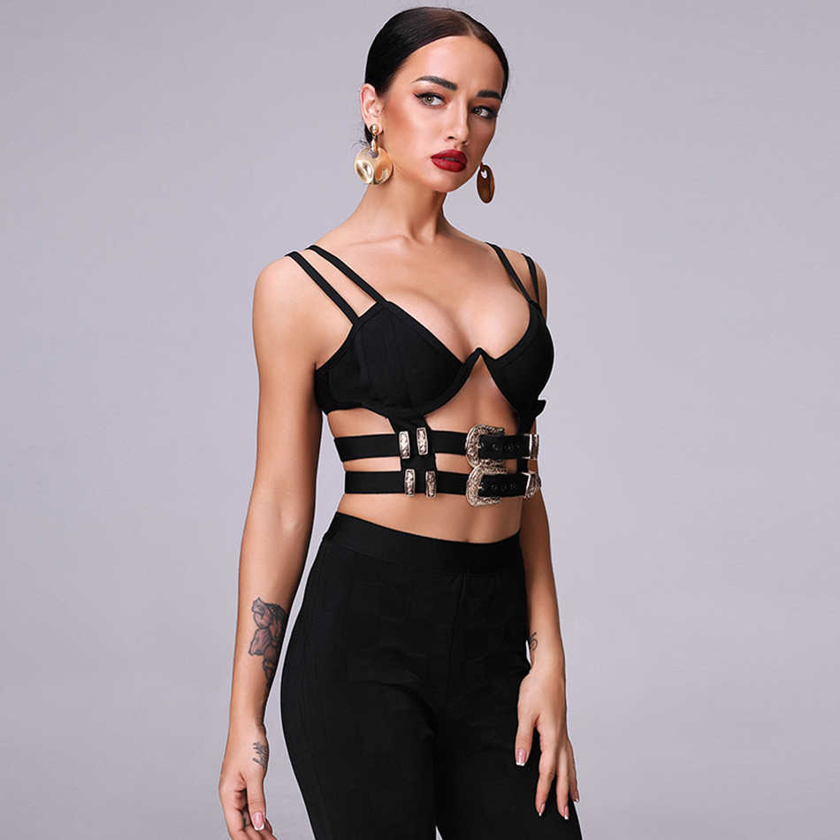 Metal Buckle Camisole Cropped Shirt Women's Short Jacket Black Sexy Hollow Backless Bandage Sleeveless Camisole Solid Color Vest 210625