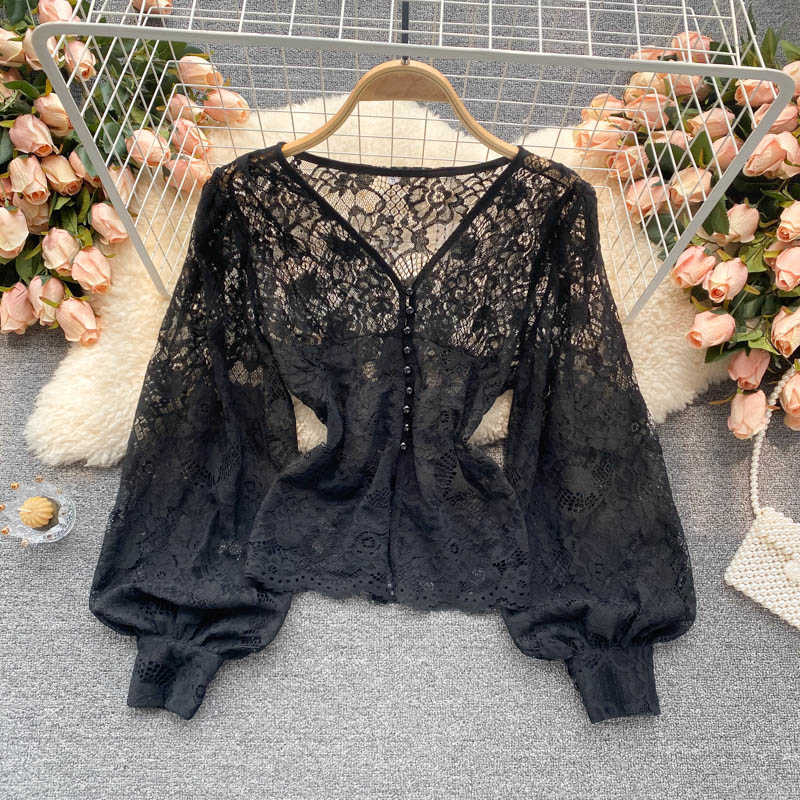 Women Fashion Perspective Lace Tops Lady V Neckline Buckled Long Sleeves Shirt Solid Color Camisas Mujer Blouse Clothes S406 210527
