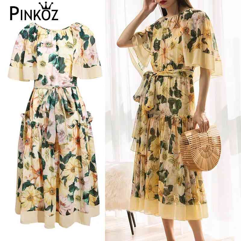 vintage yellow flower printed O-neck ruffles midi ruched summer spring dress women femme dresses robe boho mujer vestidos 210421