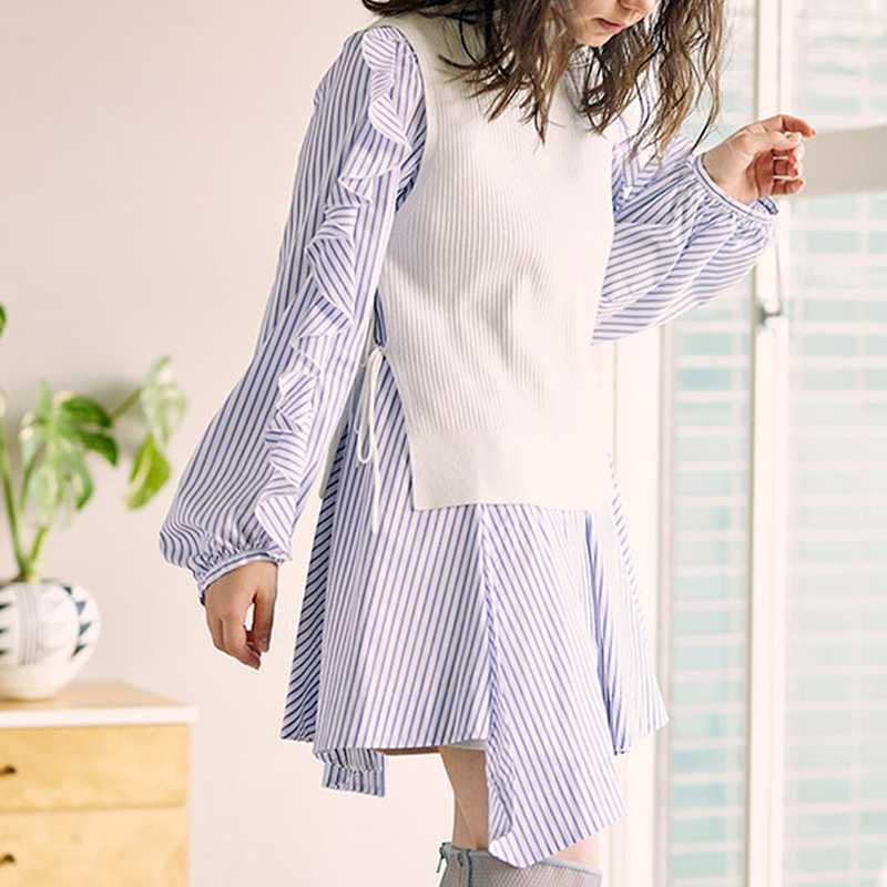 Spring Office Lady 2 Pcs Women Set Elegant Long Sleeve Ruffles Draped Shirt + O Neck Sleeveless Knit Vest Loose Suit 210525