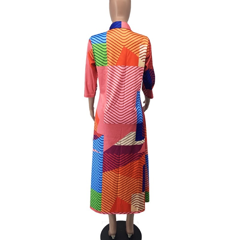 Autumn African Women Blouse Office Elegant Striped Long Sleeve Single Breasted Mid Calf Loose Fashion Business Work Wear Dresses 210510