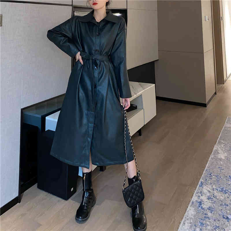 Lace Up Leather Long Handsome Women's Coat Elegant Loose Female Trench With Belt Fashion Single Breasted 210506