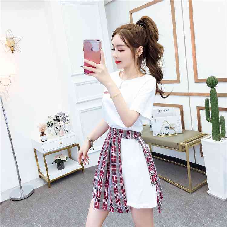 Fashion Solid Color Suits White Cotton T-shirt Dresses + Plaid Mini Skirt Two-piece Set Summer Women Clothes 210519