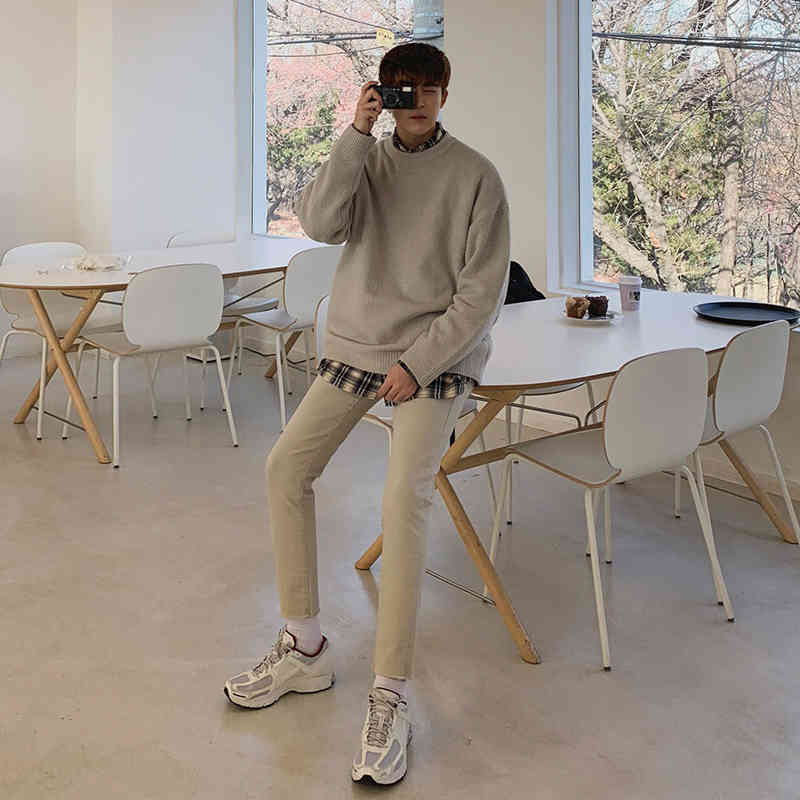 IEFB /men's wear thickened warm sweater autumn winter Korean loose fashion round collar all-match vintage kintted tops male 3245 210524