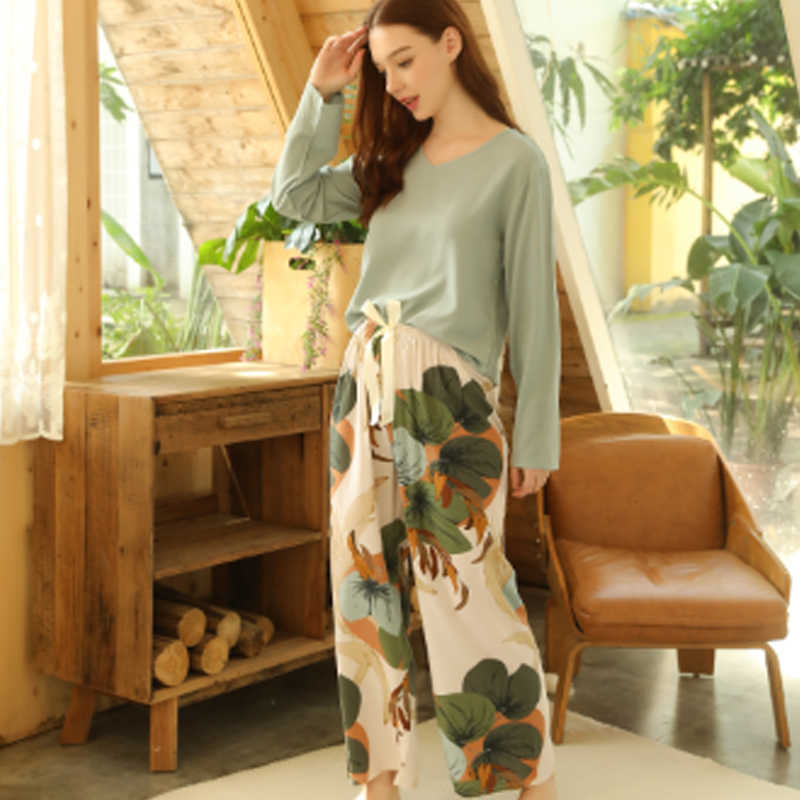 Spring Summer Floral Printed Pyjama Sleepwear Female Casual V Neck Long Sleeve Elastic Waist Nightwear Retro Women's Pajamas Set 210924