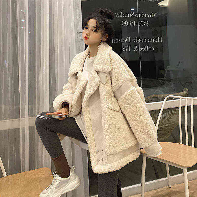 Lucyever Women's Lamb Wool Coat Winter Thickened Warm Fluffy Jacket Female Oversize Beige Korean Casual Cashmere Coats 211123