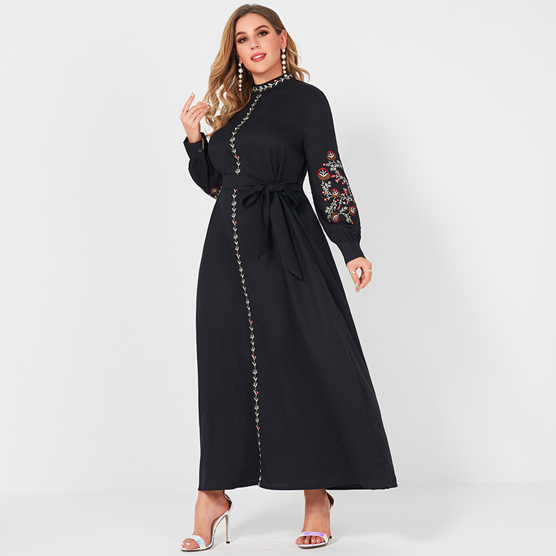 Ladies Fashion Resort Style Small Stand Collar Floral Embroidery Long Loose Belt Large Plus Size Sweet Woman Black Lady Dress
Ladies Fashion Resort Style Small Stand Collar Floral Embroidery Long Loose Belt Large Plus Size Sweet Woman Black Lady Dress