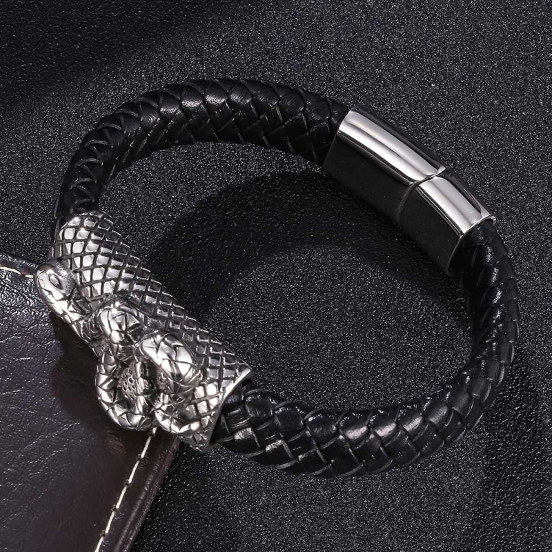 Fashion Stainless Steel Snake Charm Genuine Leather Bracelet