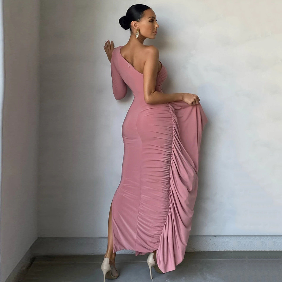 Summer Women's High Quality Pink Brown Long Sleeve One Shoulder Bodycon Ruffled Sexy Party Dress Vestidos 210525