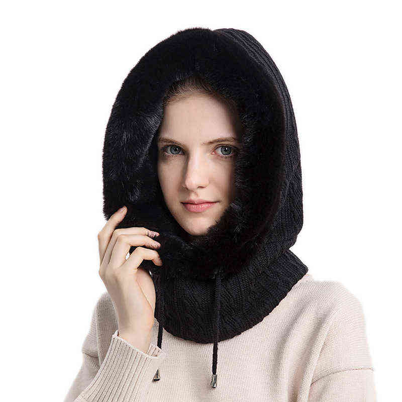 Winter Cap With Mask Set Hooded for Women Warm Knitted Cashmere Outdoor Ski Windproof Hat Thick Plush Fluffy Beanies Breathable 220124