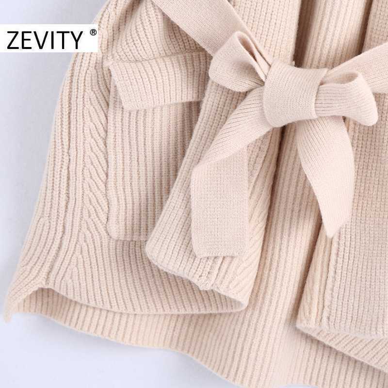 Zevity Women Fashion Turn Down Collar Pockets Patch Sashes Knitting Sweater Female Chic Sleeveless Open Stitching Vest Tops S458 210603