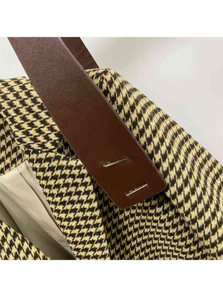 HARLEYFASHIION Casual Temperament Light Ripe Wind Plaid Suit Jacket Women Notched Single Breasted With Sashes Fshion Blazer 211122