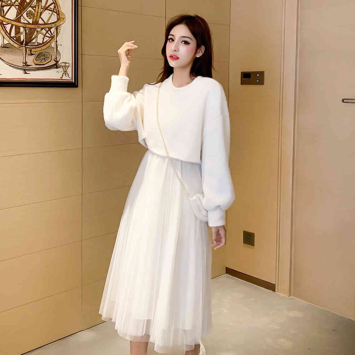 Spring Female O-neck Lantern Sleeve Knit Blouses + Strap Fairy Mesh A-line Dress With Bag Two-piece Sets Women Suits 210515
